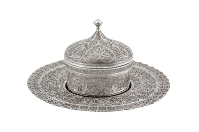 Lot 158 - A rare mid to late 19th century Anglo - Indian silver butter dish on stand, Kashmir circa 1870