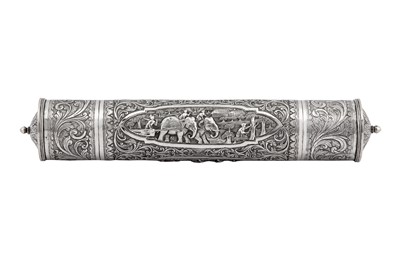 Lot 58 - An early 20th century Anglo – Indian unmarked silver scroll holder, Calcutta circa 1920