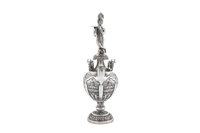 Lot 222 - A rare and highly unusual early 20th century Anglo – Indian silver figural rose water sprinkler or scent diffuser, Cutch, Bhuj circa 1920, marked LG (untraced)