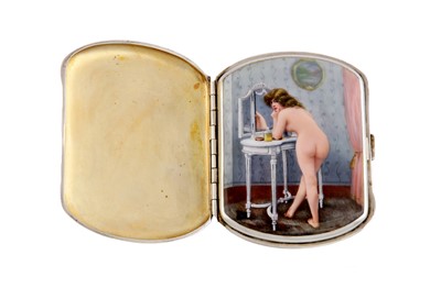 Lot 249 - AN EARLY 20TH CENTURY GERMAN SILVER AND ENAMEL NOVELTY EROTIC CIGARETTE CASE, PFORZHEIM CIRCA 1910