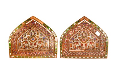 Lot 153 - A PAIR OF MIRROR AND STAINED GLASS WOODEN WINDOWS