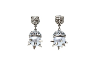 Lot 563 - Gucci Blue Feline Pearl Drop Pierced Earrings