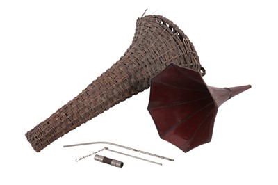 Lot 21 - A Red Gem Edison Ghramophone Horn With Rare Wicker Travelling Basket