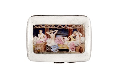 Lot 237 - AN EDWARDIAN STERLING SILVER AND ENAMEL NOVELTY EROTIC CIGARETTE CASE, BIRMINGHAM 1907 BY HENRY CLIFFORD DAVIS