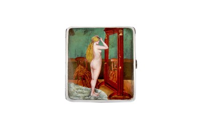 Lot 231 - AN EARLY 20TH CENTURY ALPACA AND ENAMEL NOVELTY EROTIC CIGARETTE CASE