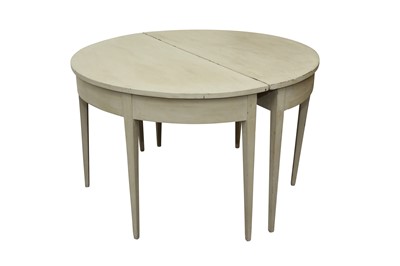 Lot 426 - A PAIR OF GEORGE III WHITE PAINTED MAHOGANY DEMI LUNE DINING TABLE ENDS