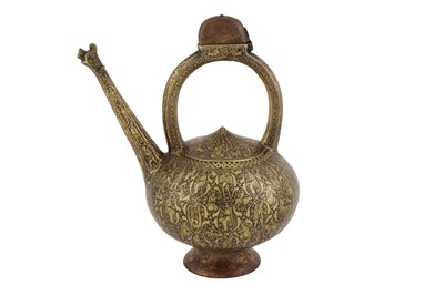 Lot 161 - A ZAND ENGRAVED BRASS 'KENDI' EWER WITH FIGURAL AND MYTHOLOGICAL DECORATION