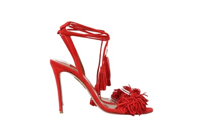 Lot 17 - Aquazzura Red Fringe Ankle Tie Heeled Sandal - Size 37.5