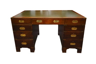 Lot 316 - A 19TH CENTURY STYLE MAHOGANY CAMPAIGN PEDESTAL DESK