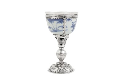 Lot 428 - The de Pinna cup - An unrecorded Elizabeth I unmarked silver mounted Chinese porcelain bowl, the mounts English circa 1580-1600