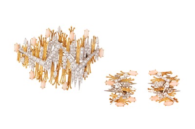 Lot 51 - λ A coral and diamond brooch and earclip suite, circa 1980
