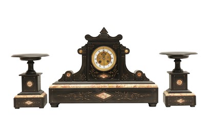 Lot 320 - A VICTORIAN SLATE MARBLE CLOCK GARNITURE