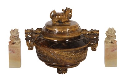 Lot 268 - CARVED TIGERS EYE INCENSE BURNER AND HARDSTONE SEALS
