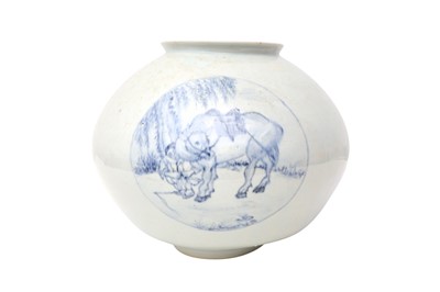 Lot 380 - A KOREAN BLUE AND WHITE 'FIGURAL' JAR