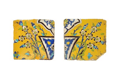 Lot 234 - A PAIR OF SAFAVID CUERDA SECA POTTERY TILES