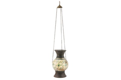 Lot 468 - AN OTTOMAN DAMASCUS POTTERY VASE WITH OPENWORK COPPER MOUNTS