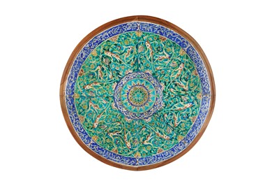 Lot 381 - A HARDWOOD TABLETOP SET WITH POLYCHROME-PAINTED KUTAHYA POTTERY TILES