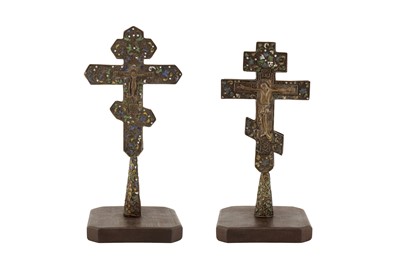 Lot 374 - TWO CLOISONNÉ ENAMELLED ZINC ALLOY CRUCIFIXES