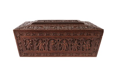 Lot 249 - A FINELY CARVED SANDALWOOD BOX WITH VISHNU'S FOURTH AVATARA, NARASIMHA