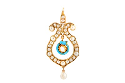 Lot 160 - Child & Child | A pearl, enamel and diamond pendant, circa 1900