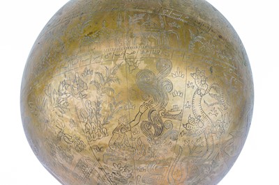 Lot 239 - A LARGE ENGRAVED BRASS CELESTIAL GLOBE WITH BURAQ AND VIEWS OF ISLAMIC HOLY CITIES