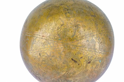 Lot 239 - A LARGE ENGRAVED BRASS CELESTIAL GLOBE WITH BURAQ AND VIEWS OF ISLAMIC HOLY CITIES