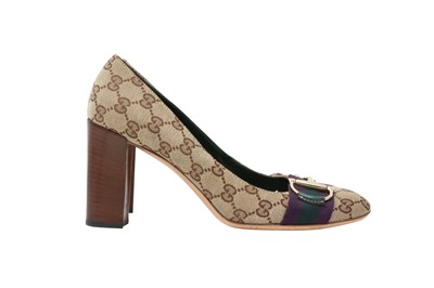 Lot 202 - Gucci Beige GG Monogram Horsebit Heeled Pump - Size 40