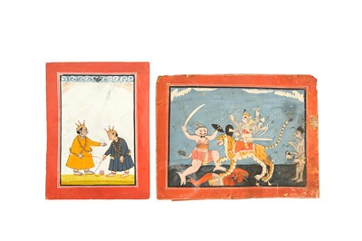 Lot 337 - TWO INDIAN PAINTINGS: DURGA SLAYING THE WHITE DIV AND KRISHNA AND BALRAM PLAYING