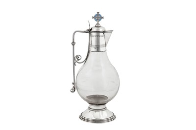 Lot 400 - A Victorian sterling silver and enamel mounted glass ecclesiastical flagon or ewer, London 1869 by Charles Hart (reg. 3rd August 1857) of Hart, Son, Peard and Co
