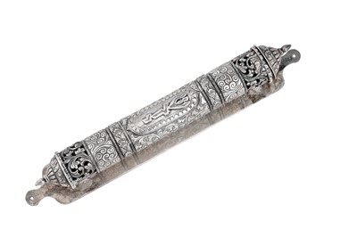 Lot 1141 - JUDAICA - A MID TO LATE 20TH CENTURY ISRAELI SILVER MEZUZAH (SCROLL HOLDER DOOR HANDLE)