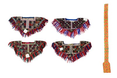 Lot 482 - FOUR TURKMEN LADIES’ COLLARS AND A SMALL GROUP OF UZBEK SUZANI FRAGMENTS