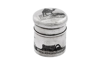 Lot 234 - An early 20th century Iraqi silver and niello jar or tea caddy, circa 1930 signed Omara Salih