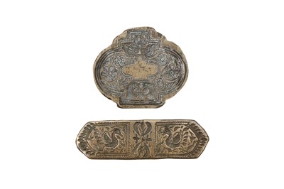 Lot 289 - TWO BRASS DECORATIVE MOULDS FOR TOOLING LEATHER COVERS