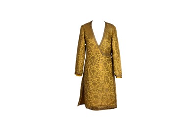 Lot 352 - AN INDIAN SAFFRON-YELLOW BROCADE ANGARKHA (LONG-SLEEVED OUTER ROBE)