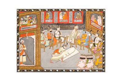Lot 332 - AN ILLUSTRATION TO A PAHARI RAMAYANA SERIES: RAMA BEING TESTED BY KING JANAKA
