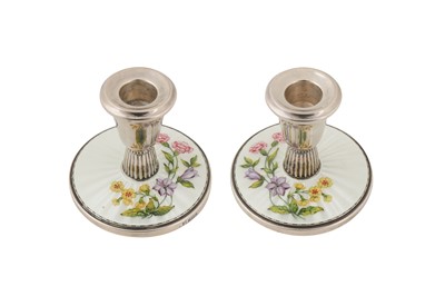 Lot 82 - A pair of Elizabeth II sterling silver and painted guilloche enamel dwarf candlesticks, Birmingham 1964 by Barker Ellis and Co