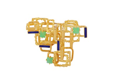Lot 48 - An enamel and chrysophrase brooch, circa 1965
