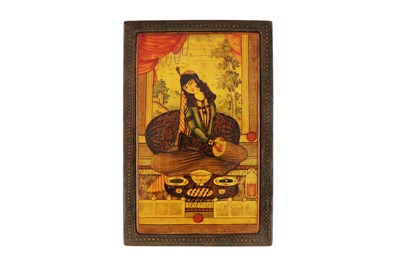 Lot 154 - A LACQUERED PAPIER-MÂCHÉ MIRROR CASE WITH QAJAR MAIDENS