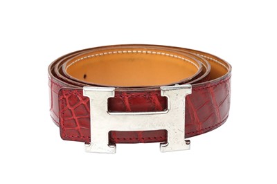 Lot 41 - λ Hermes Rouge Porosus Crocodile Constance Belt - Size 85