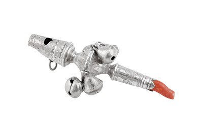Lot 38 - A George III sterling silver and coral babies rattle, London 1816 by Morris Cadman