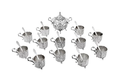 Lot 214 - A late 20th century Persian (Iranian) silver tea glass holder and sugar bowl set, Isfahan circa 1995 by Seyyed Hassan Jouzdani (b.1928, d.c. 2022)
