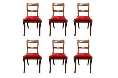 Lot 172 - A SET OF SIX REGENCY STYLE BAR BACK MAHOGANY AND BRASS INLAID DINING CHAIRS