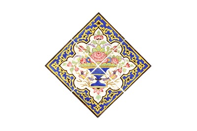 Lot 372 - A PANEL OF FOUR QAJAR CUERDA SECA POTTERY TILES