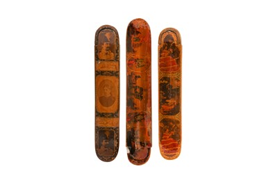 Lot 65 - THREE LACQUERED PAPIER-MÂCHÉ PEN CASES WITH DECOUPAGED PHOTOGRAPHS AND WESTERN CHROMOLITHOGRAPHS
