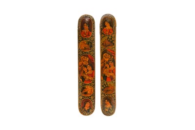 Lot 25 - TWO LACQUERED PAPIER-MÂCHÉ PEN CASES WITH PORTRAITS OF SHEIKH SAN'AN AND THE CHRISTIAN MAIDEN