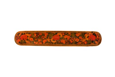 Lot 47 - A QAJAR LACQUERED PAPIER-MÂCHÉ PEN CASE (QALAMDAN) WITH GOL-O-BOLBOL MOTIF