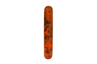 Lot 63 - A QAJAR LACQUERED PAPIER-MÂCHÉ PEN CASE (QALAMDAN) WITH EUROPEAN LANDSCAPE VIEWS AND MAIDEN