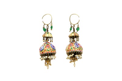 Lot 31 - A PAIR OF QAJAR POLYCHROME-PAINTED ENAMELLED EARRINGS