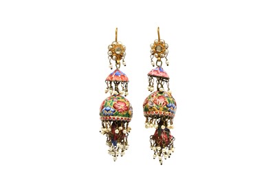 Lot 30 - A PAIR OF QAJAR POLYCHROME-PAINTED ENAMELLED LONG EARRINGS