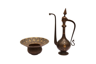 Lot 19 - A QAJAR GOLD-DAMASCENED STEEL EWER AND BASIN
